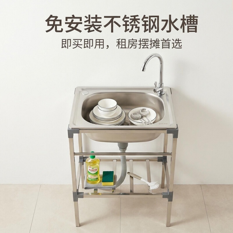 Installation-Free Stainless Steel Sink, a Rental Housing Essential, Thickened Kitchen Balcony Sink for Washing Vegetables, Hands, and Dishes with Stand