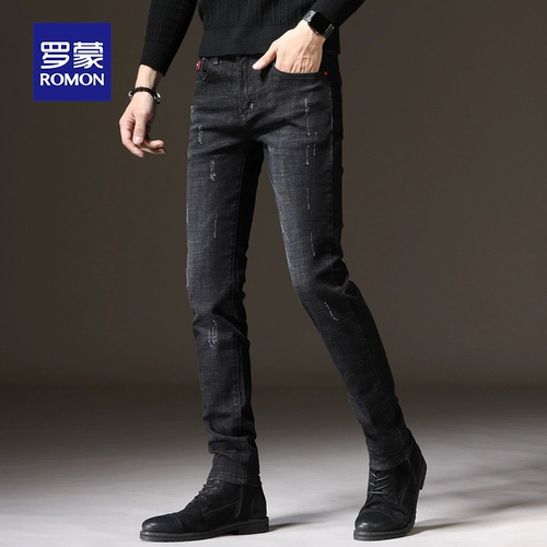 Зимние трендовые джинсы для отдыха, мужские черные эластичные штаны, в корейском стиле