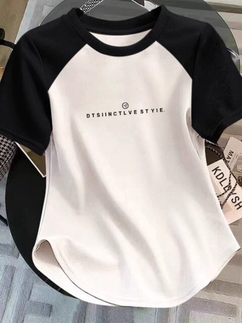 American-Style Raglan Short-Sleeve T-Shirt for Women, 2026 New Summer Color-Block Sweet and Spicy Style, Slim Fit, Regular Shoulder Short Top