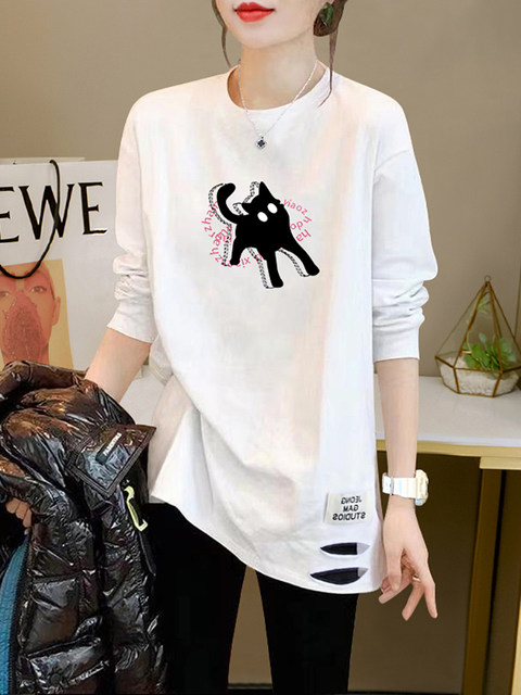 White T-Shirt, Mid-Length Top, Loose Fit, Slimming, Women's Spring and Autumn 2026 New Style, Distressed Design, Printed Long Sleeves ins