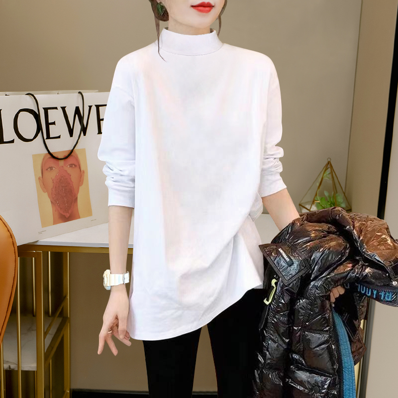 Trendy White Half-High Collar Base Shirt Top for Autumn and Winter, Pure Cotton Brushed Thickened Mid-Length Slimming Long-Sleeve T-Shirt for Women