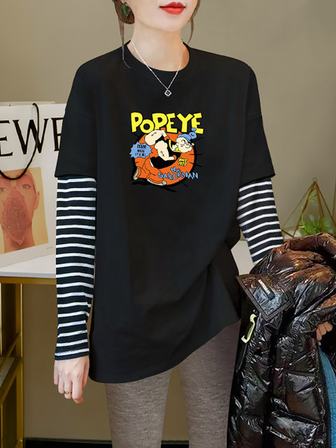 2026 Autumn/Winter New Striped Color-Block Fake Two-Piece Long-Sleeve T-Shirt for Women, Loose Fit, Hip-Covering, Mid-Length, Thickened Top