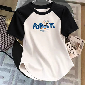 American Raglan Short-Sleeved T-Shirt for Women 2023 New Summer Contrasting Color Sweet and Spicy Style Slim Fit Right Shoulder Short Top