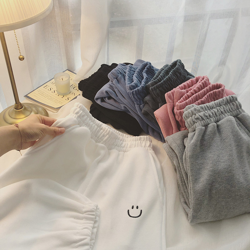 Multi-color optional smiling face embroidery high-waisted trousers women's 2021 spring style loose and thin sports casual trousers trendy