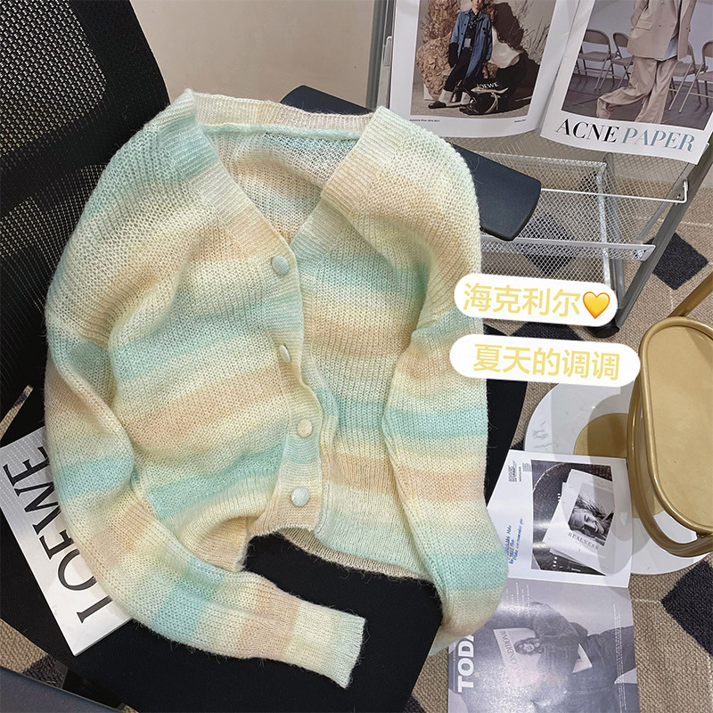 Gradient rainbow V-neck long-sleeved knitted cardigan women's 2022 spring new loose niche chic top coat