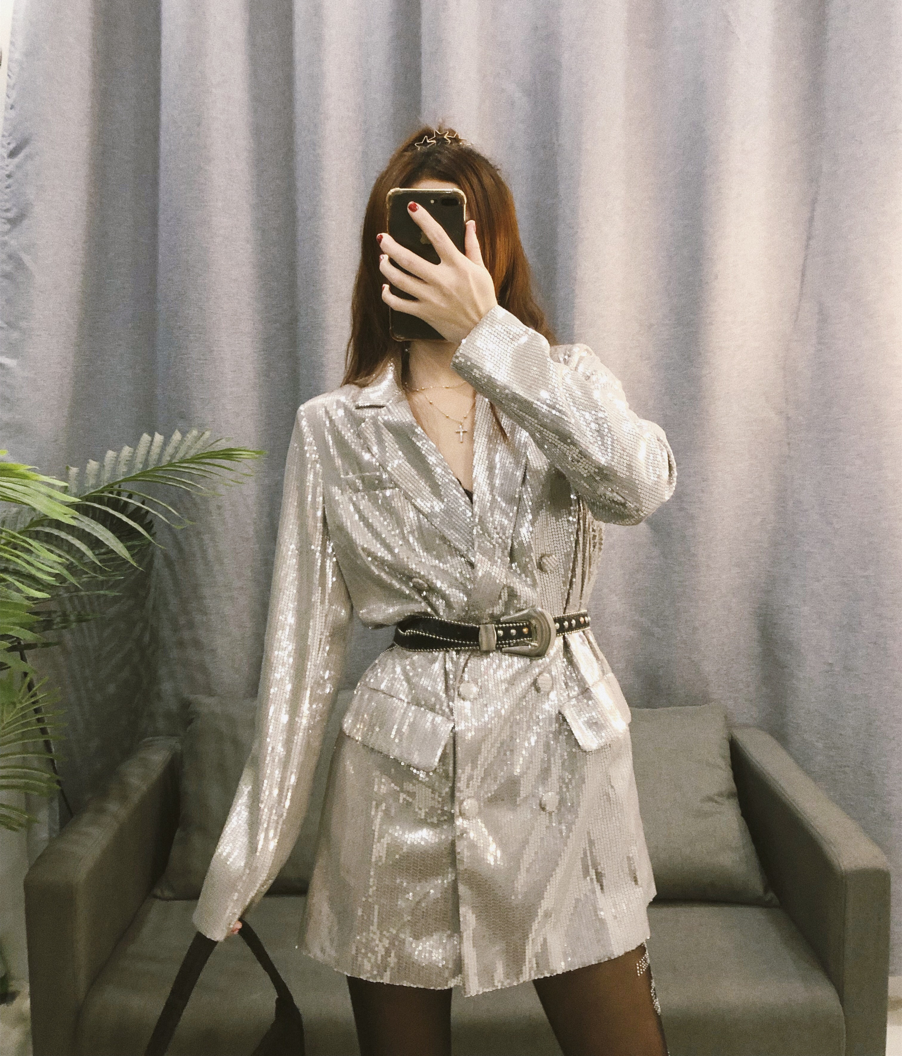 复古网红生日聚会party亮片连衣裙子蹦迪年会礼服女v领西装外套