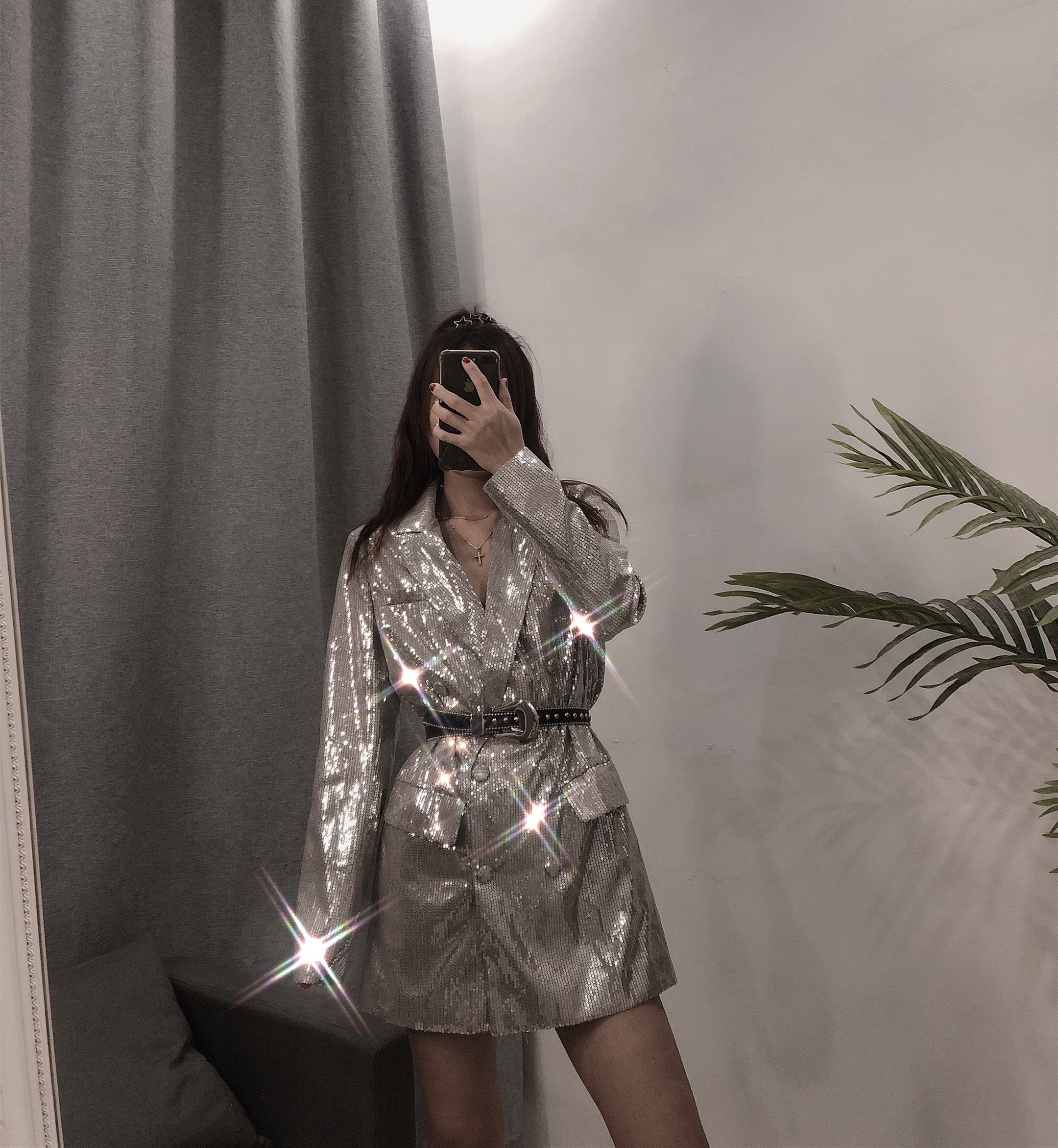 复古网红生日聚会party亮片连衣裙子蹦迪年会礼服女v领西装外套
