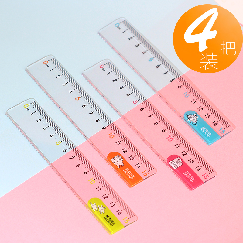 Morning light transparent wave ruler transparent ruler 15cm children primary school stationery female cute cartoon multi-function ruler measuring ruler simple cartoon 4 pack