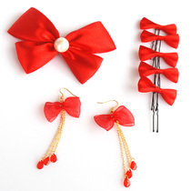 2019 Bridal headdress 8-piece set Sweet fashion bow Wedding headdress Bridal jewelry red earrings