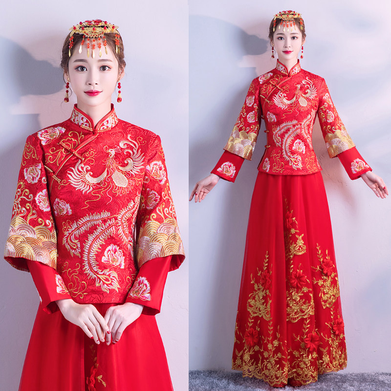 Xiuhe dress 2021 new bridal toast dress Chinese wedding dress red ancient embroidered wo dress wedding dress show kimono