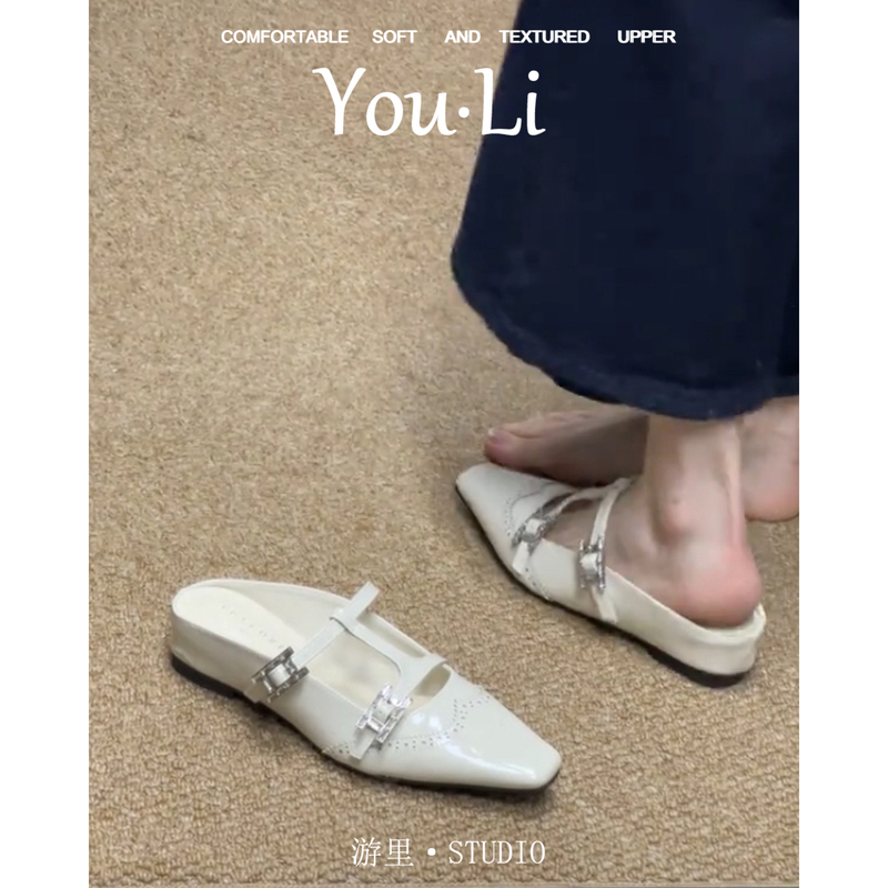 Korean-Style Square-Toe Closed-Toe Sandals for Women with T-Strap, Chunky Heel, Genuine Leather, Soft Sole, Summer Sandals