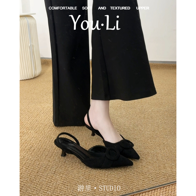 Korean-Style Bow-Tie Pointed Toe Sandals for Women, Summer Stiletto Heels with Open Back, Cat Heels That Are Not Tiring for the Feet