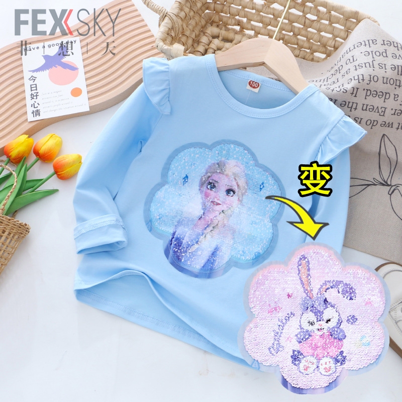Princess Elsa Clothes for Girls, Color-Changing Sequin Long-Sleeve T-Shirt, Pure Cotton Children's Spring Top, Thin Base Shirt, New Style