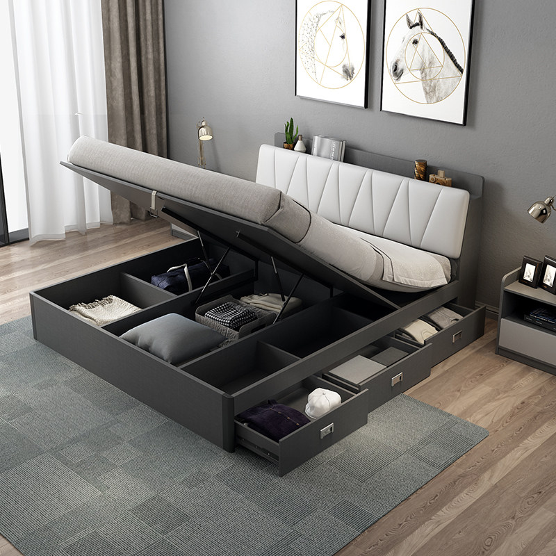 Nordic bed modern simple economy storage bed small apartment type 1.8 meters 1.5 meters master bedroom double high box bed