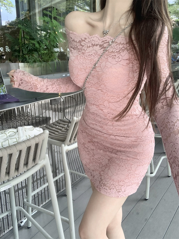 One-Shoulder Long-Sleeved Dress for Women in Early Autumn, Pure Lust Style Lace Elegant Skirt, Sexy Waist-Cinching Tight-Fitting Hip-Hugging Short Skirt