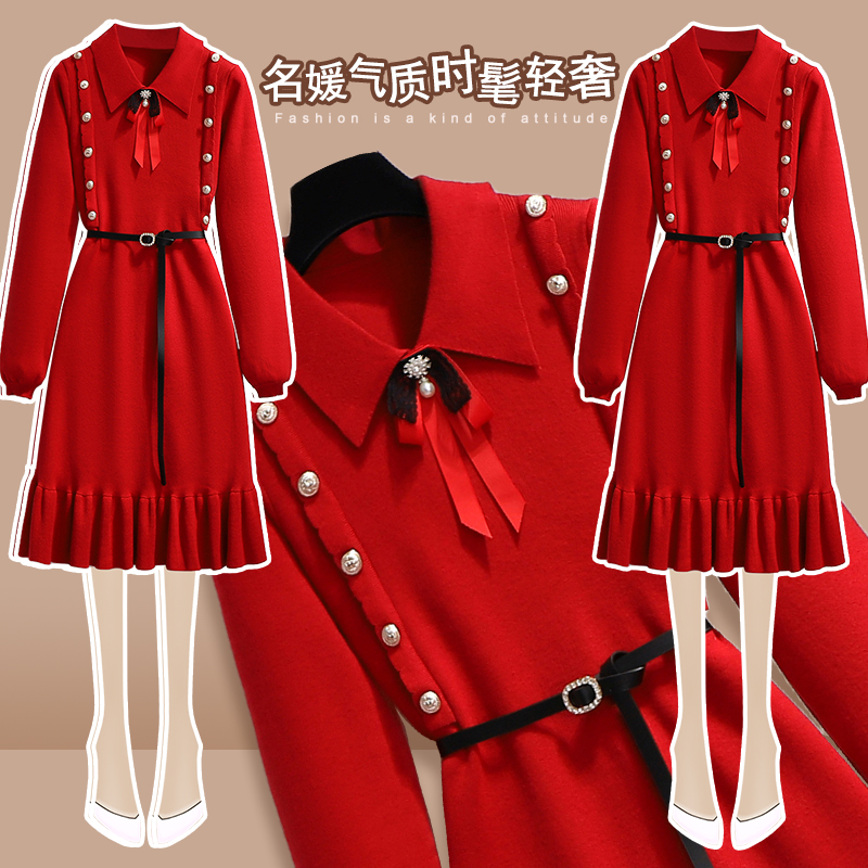 Red sweater dress for autumn and winter long sleeve name Yuanyuan Temperament Accessories Dolls Collar cashew strap Waist Strap Repair Knitted Dress