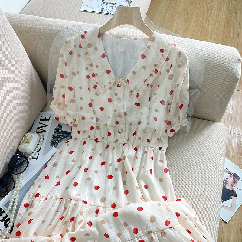 Broken Flowers Polo Dot Ocean Dress Women's Summer 2022 New Dolls Collar Law Style Retro Temperament Cashew Slim Snowspun Dress