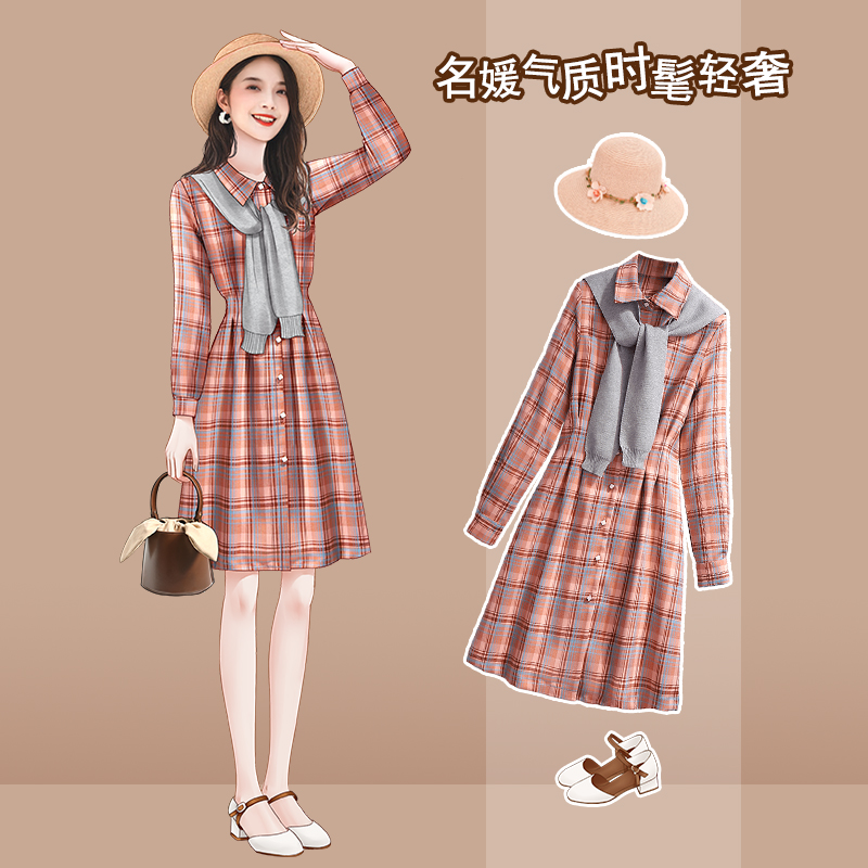 Grid shirt dress red French vintage early spring long sleeve temperament small a-word shirt dress female waist