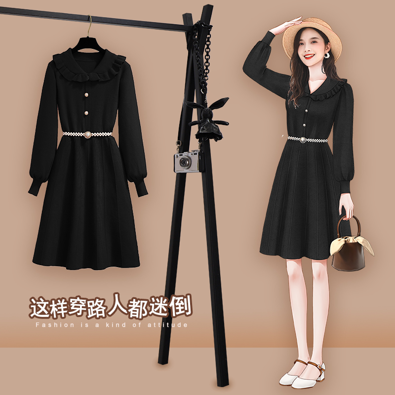 Black Knit Ocean Dress Woman Spring Clothing Small Collection Waist Display Slim Fit Style Temperament Dolls Collar Sweaters Dress