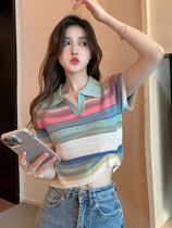 Rainbow striped polo collar short sleeve blouses woman summer swarm with short positive shoulder Compassionate American Knit Ice t-shirt