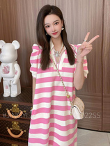 Pink Striped Short Sleeves Polo Collar Dress Woman Summer New Design Sensation Small Crowdport Taste style mid-length dress