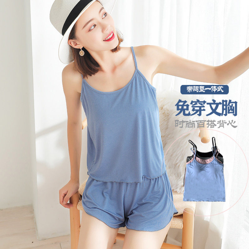 With chest cushion large size slats bottom cute harnesses vest shorts Two sets loose Home Suits Suit Thin Pyjamas women Summer
