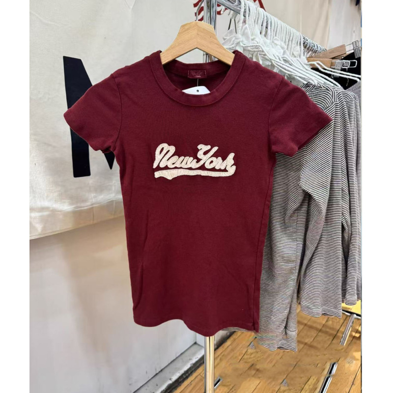 Ootd Bm Official Website New Wine Red Round Neck Short-Sleeved T-Shirt for Women with Letter Embroidery, Slim Fit, Slimming, Commuter Top