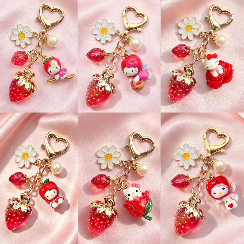 Limited Edition Cute Strawberry Kity Cat Pendant Rose Angel Kt Pearl Heart Buckle Backpack Keychain Ornament