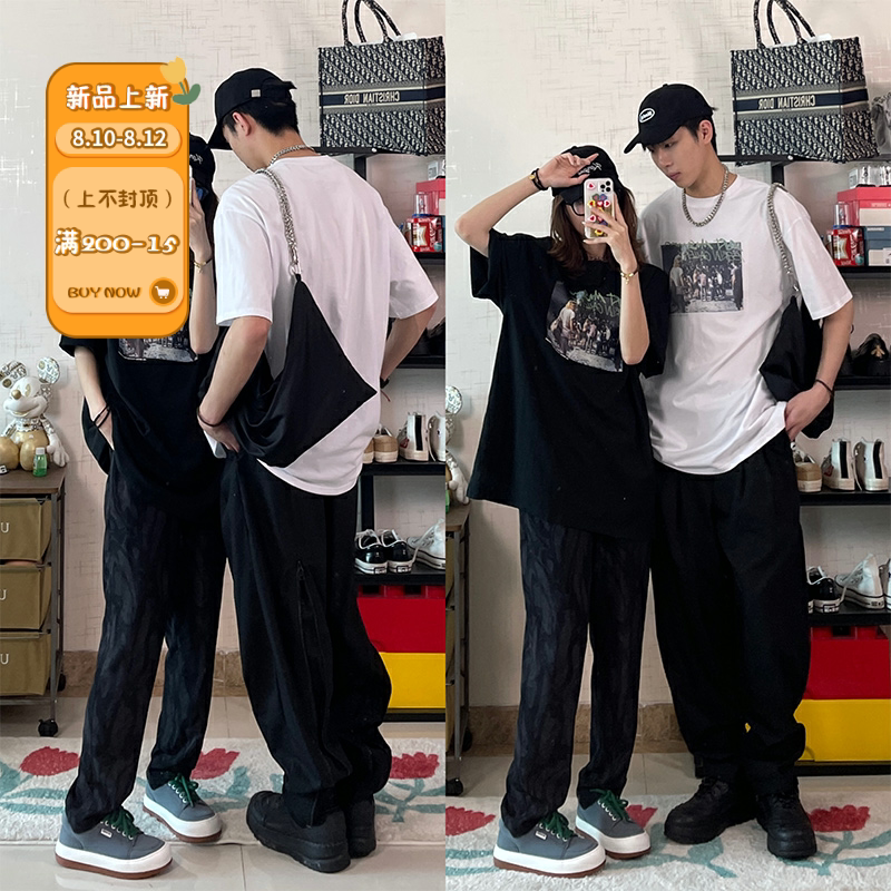 Seven4lee Black Gallery White Short Sleeve T-Shirt Woman Summer Couple Lax Broad Round Upper Tide BF Wind Short