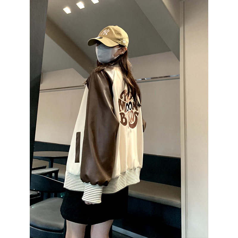 Seven4lee American retro baseball uniform women's autumn and winter hit color short coat loose casual jacket embroidery top