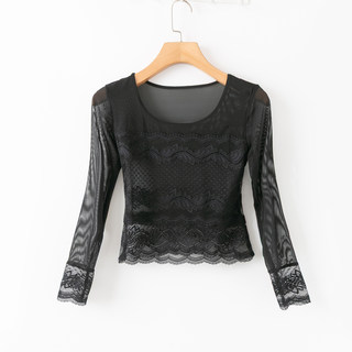 春秋外贸韩版新款  打底外穿  蕾丝短款圆领长袖套头蕾丝衫16193