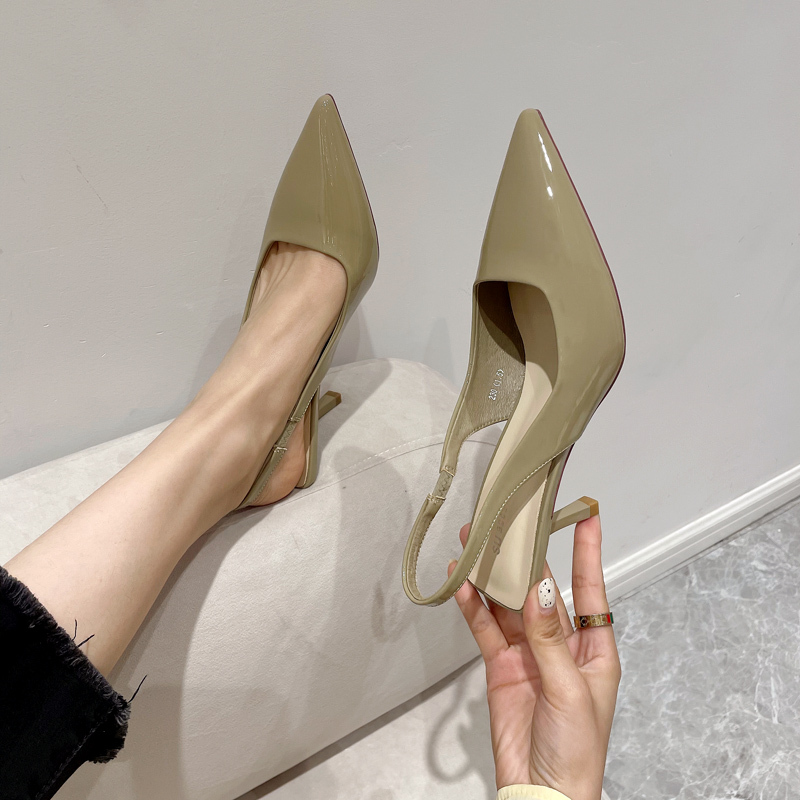 Fashionable Soft Leather High Heels for Women, Stiletto Heels, 2025 Spring and Summer New Pointed Toe Patent Leather Mid-Heel Single Shoes, Ol Backless Women's Shoes