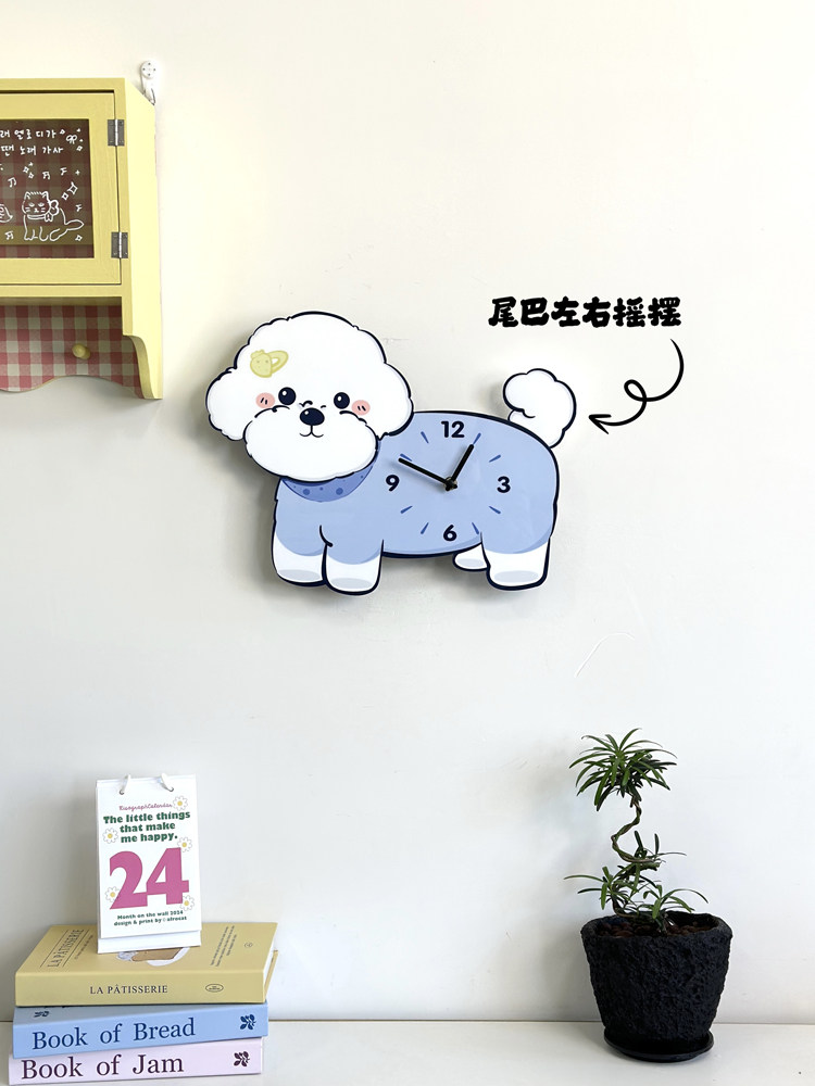 Оригинальные настенные часы с виляющим хвостом в виде бишон фризе, креативные декоративные бесшумные часы с милой собачкой