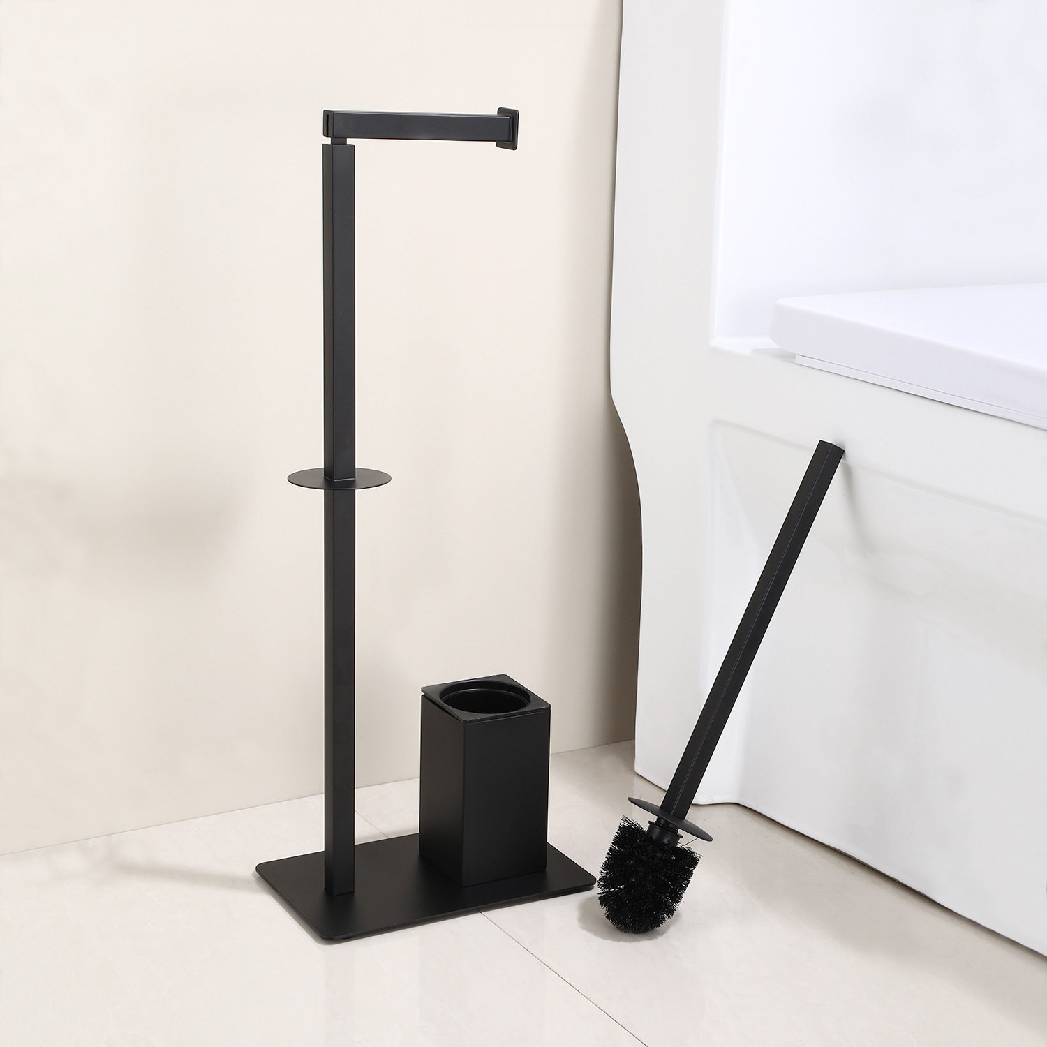 Stainless steel punch-free paper towel holder cross-border two-in-one standing paper roll holder cleaning brush floor-standing toilet brush