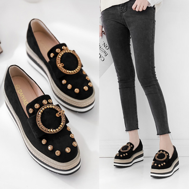 2022 autumn new rhinestone striped thick-soled muffin shoes women's round toe metal buckle wedge single shoes increase British style