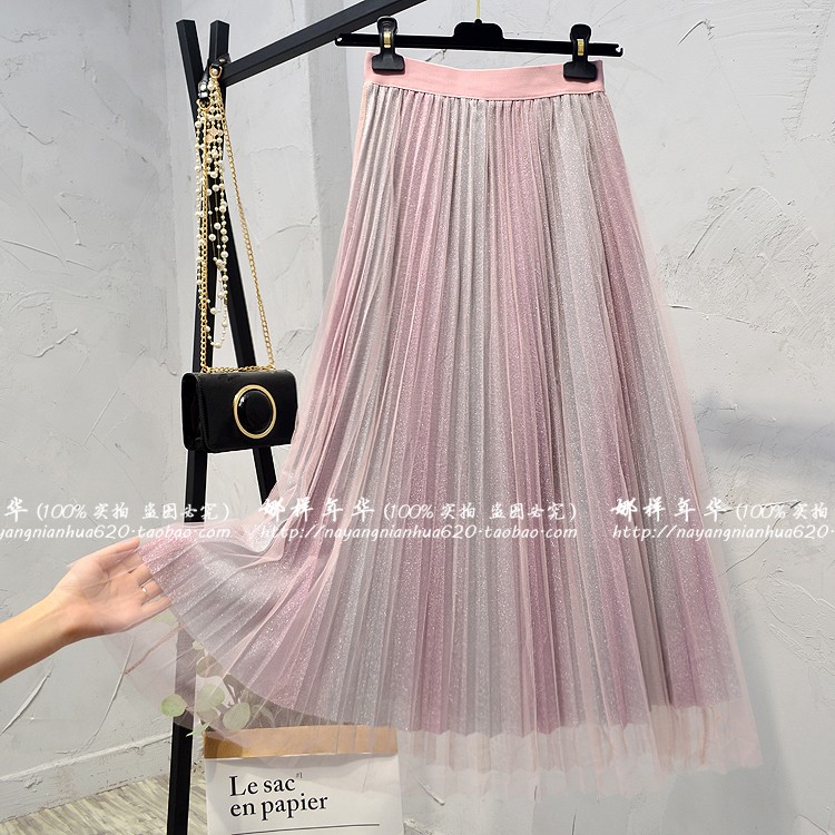 Phiên bản Hàn Quốc của mùa thu và mùa đông eo cao lưới lưới váy dài của phụ nữ một phần dài từ váy xếp li sang trọng váy siêu lửa các kiểu chân váy