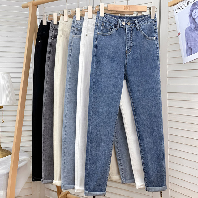 Korean version of high-waisted thin elastic slim jeans ladies autumn high-waisted pencil pants ins tide