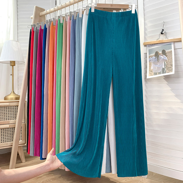 High-waisted thin ice-cold silk pleated wide-leg pants women's summer loose chiffon drapey mopping sunscreen mosquito straight casual pants