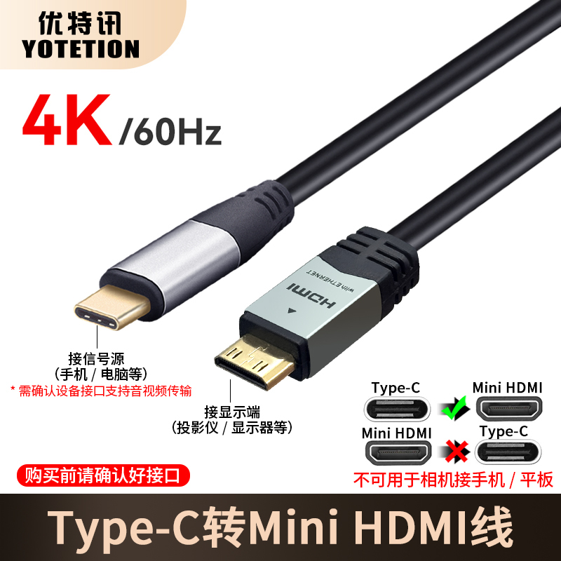 Youtexun Type-C to Mini HDMI Cable for Connecting Laptops and Mobile Phones to Portable Monitors and Projectors