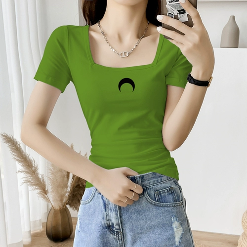 Ретро хлопковая дизайнерская футболка с коротким рукавом, квадратный вырез, французский стиль, тренд сезона, по фигуре