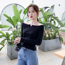 Black strapless one-word collar t-shirt womens long-sleeved base shirt leakage clavicle sexy thin 2020 autumn new top
