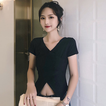 v-neck exposed umbilical t-shirt womens short-sleeved top 2021 new Korean slim fit inner tie base shirt foreign style solid color ins tide