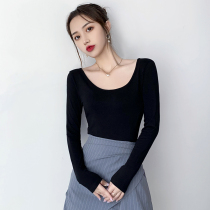 Low-collar long-sleeved t-shirt womens avocado matcha green u-neck base shirt solid color halter sexy thin black top autumn