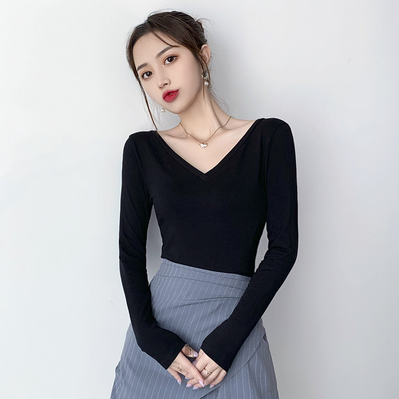 Long-sleeved T-shirt women's v-neck bottoming shirt slim double V-neck autumn and winter large neckline slimming solid-color tops for inner wear and outer wear