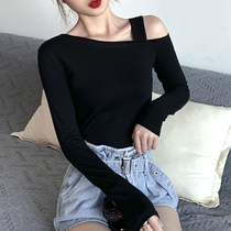 Off-shoulder slant collar base shirt Womens long-sleeved Korean slim fit autumn and winter inner matching top Solid color summer foreign style t-shirt ins tide