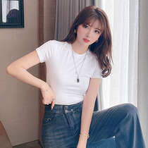 White semi-high collar t-shirt womens short-sleeved cotton slim-fit top 2021 summer new half-sleeve tight Korean ins tide
