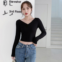 V-neck T-shirt womens solid color top base shirt Double V-neck long sleeve avocado green fashion low-cut halter sexy tight