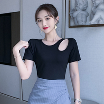 Round neck left shoulder hollow t-shirt womens short-sleeved Korean slim thin 2021 new top ins tide summer base shirt