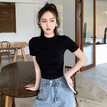 Black semi-turtleneck base shirt womens autumn and winter short-sleeved t-shirt 2021 new cotton tight spring and autumn wild slim-fit top