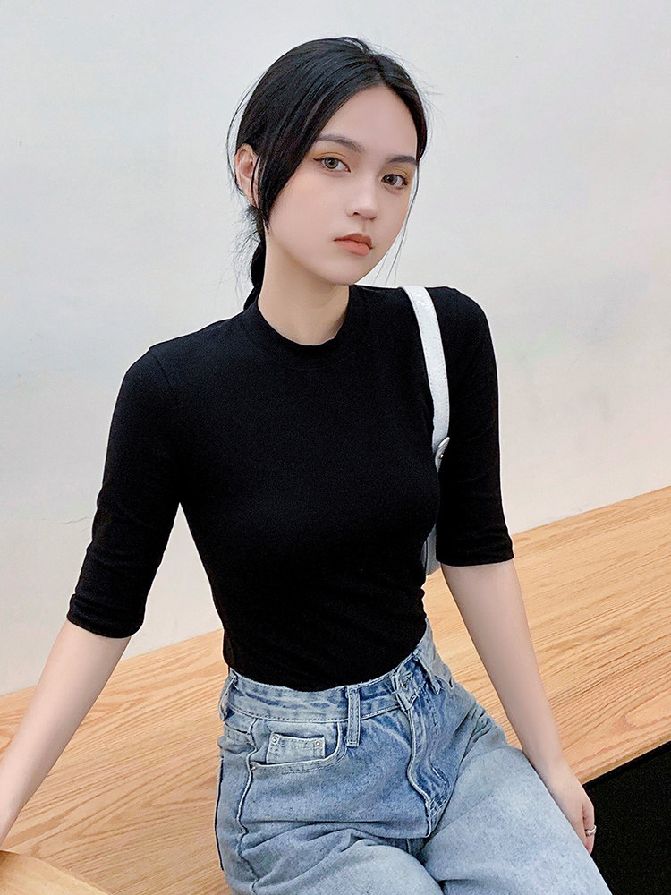 Semi-high collar five-point sleeve T-shirt women's five-point sleeve 2021 summer new cotton top slim-fit base shirt Korean seven-point